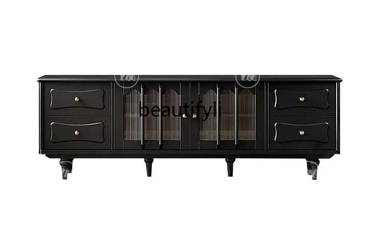

Black solid wood TV cabinet French retro cabinet light luxury high-end living room home storage locker integrated