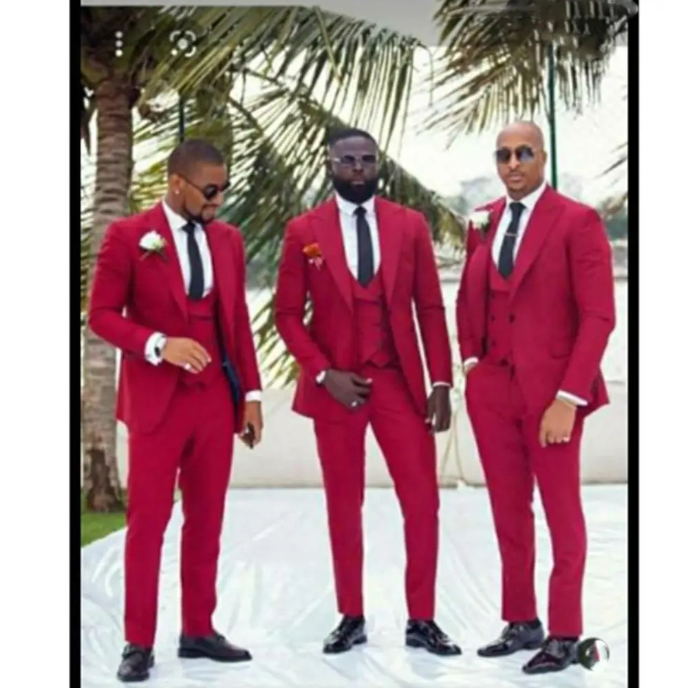 

3 Pieces Peak Lapel Red Men Suit One Button Double Breast Slim Fit Groom Tuxedos Tailor Made (Jacket+Pants+Vest)