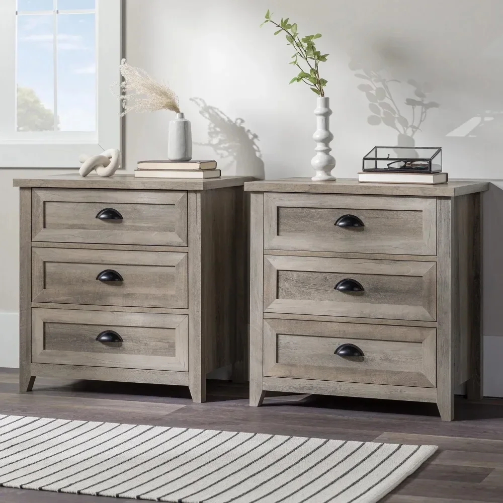 Farmhouse 3 Drawer Nightstand, Set of 2, wooden natural Grey Wash nightstand