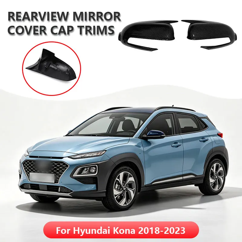 For Hyundai Kona 2018-2023 Car Sticker Rearview Side Mirror Cover Wing Cap Exterior Door Rear View Case Trim Carbon Look Black