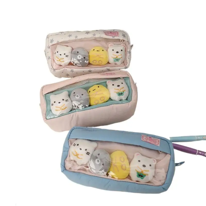 Girly Cosmetic Storage Bag Gifts Cute Sweet Large Capacity Padded Transparent Pencil Case With 4 Doll Student Stationery Pen Bag