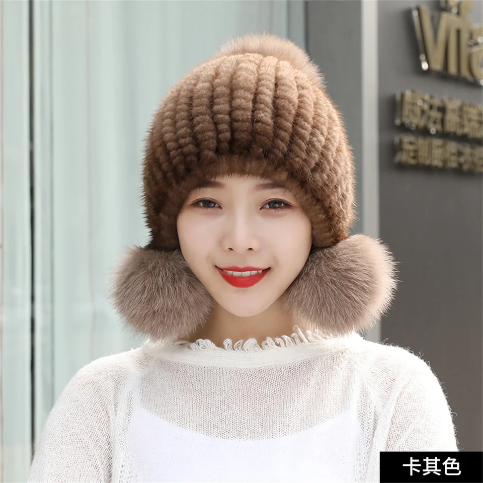 Winter Fur Caps Real Mink Fur Hat For Women Knitted Mink Fur Ear Warm Cap The Spiral Beanies Cap With Fox Fur Pompom On The Top