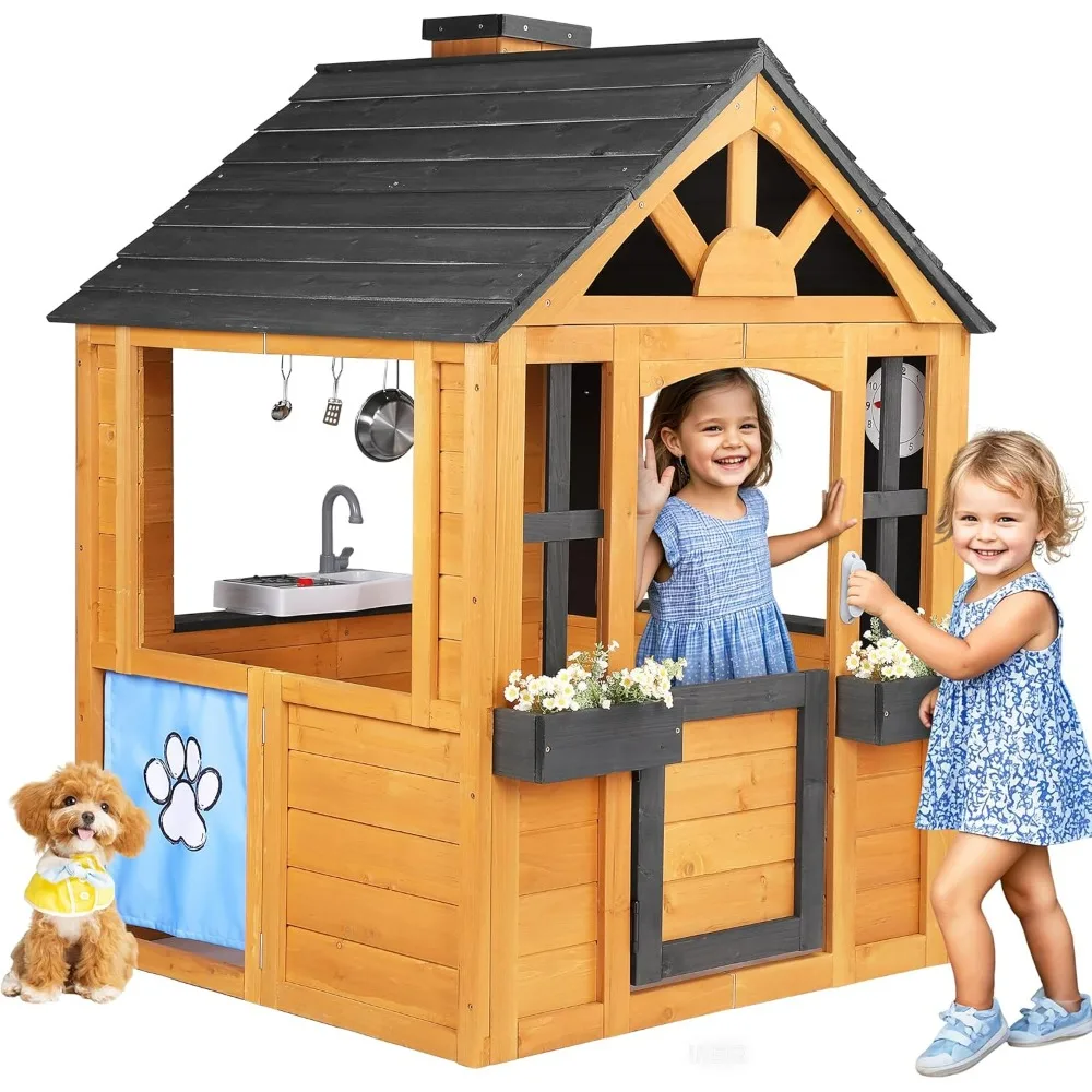 

Kids Outdoor Playhouse, Cedar Wooden Kids Playhouse with Play Kitchen, Pet Door, Sink, Stove, Cookware, Windows Playhouse