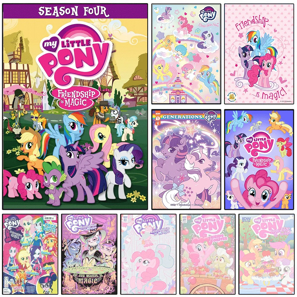 My Little Pony Anime Canvas Wall Art, Friendship Is Magic Season 4 Poster, Unframed Canvas Painting for Girls Bedroom Kids Roo
