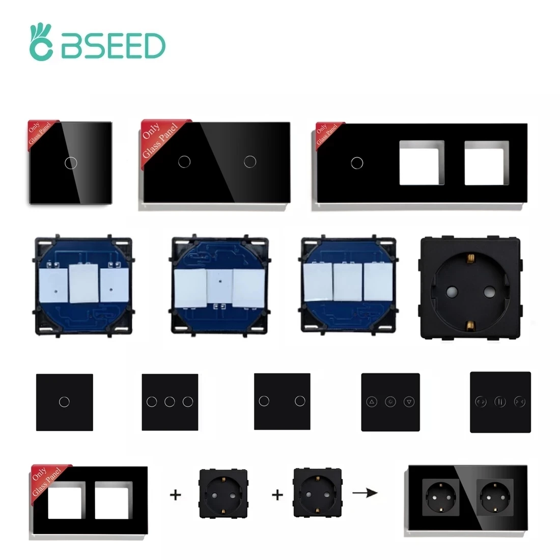 Bseed EU RU Standard Switches Function Base 1/2/3Gang 1/2Way Only Crystal Glass Panel Frames Light Switch Dimmer DIY Part