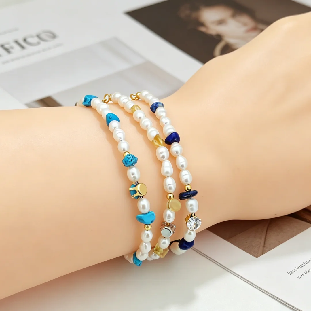 1 Pcs Bracelets Natural Freshwater Pearl Mixed Crystal Chips Beads Jewelry Gold Plated Adjustable Chain Daily Wear for Women Men