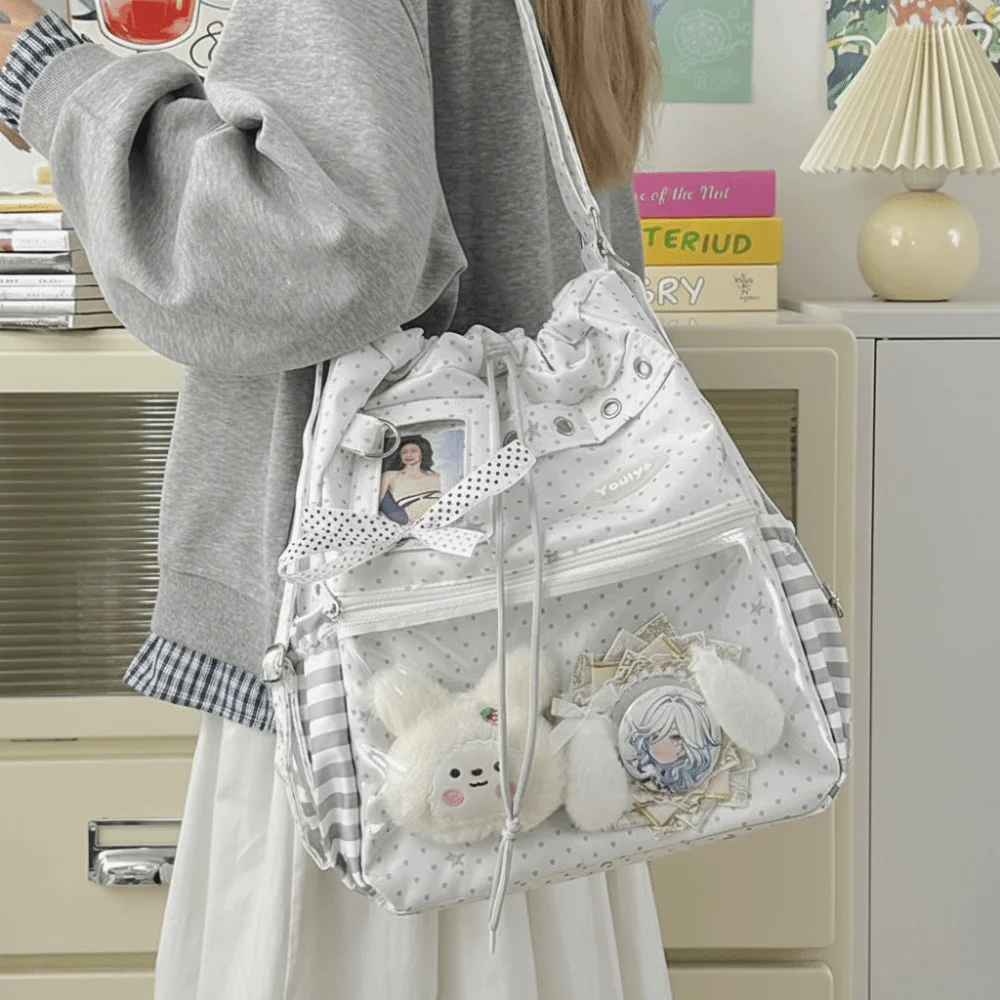 Cute Polka Dot Pattern Ita Backpack Drawstring Clear Pocket Tote Bags Sweet Style Large Capacity Doll Bag Daily Use
