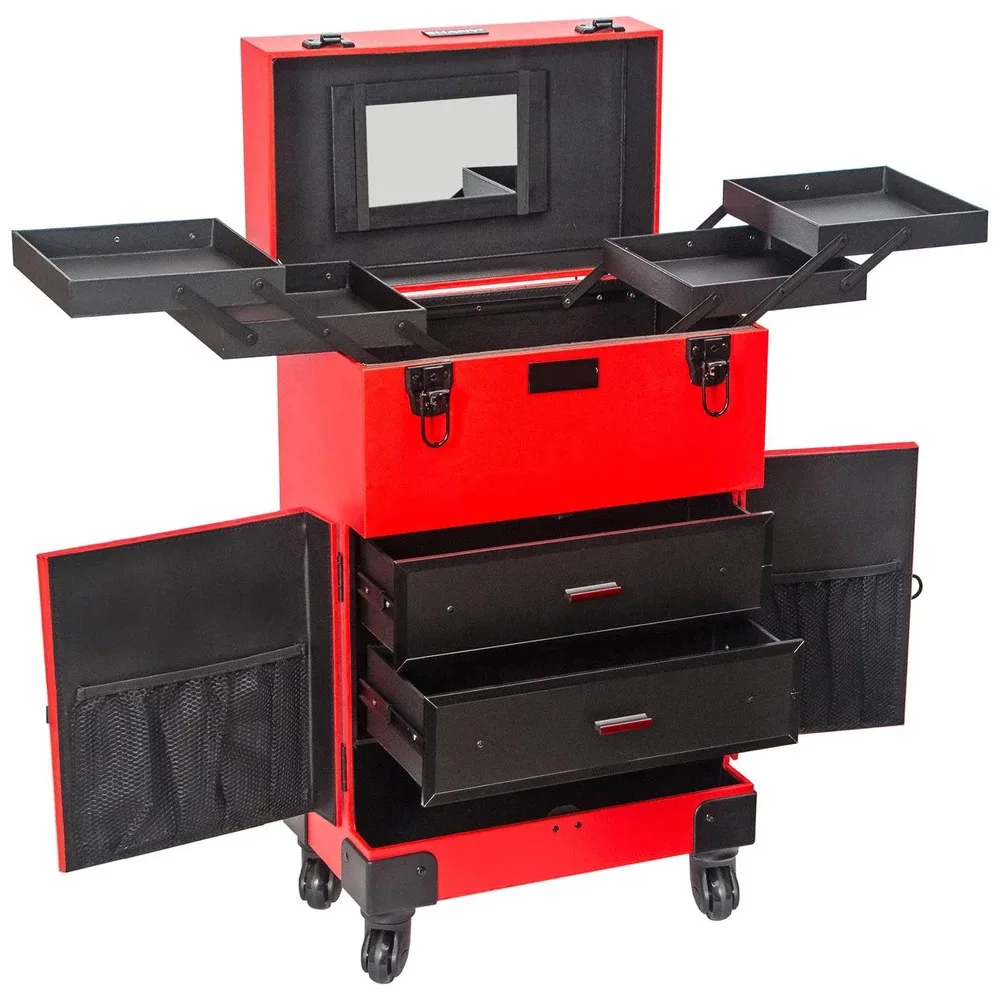 

Customized PVVC universal wheel tie rod with mirror large space multi-functional beauty tie rod toolbox portable
