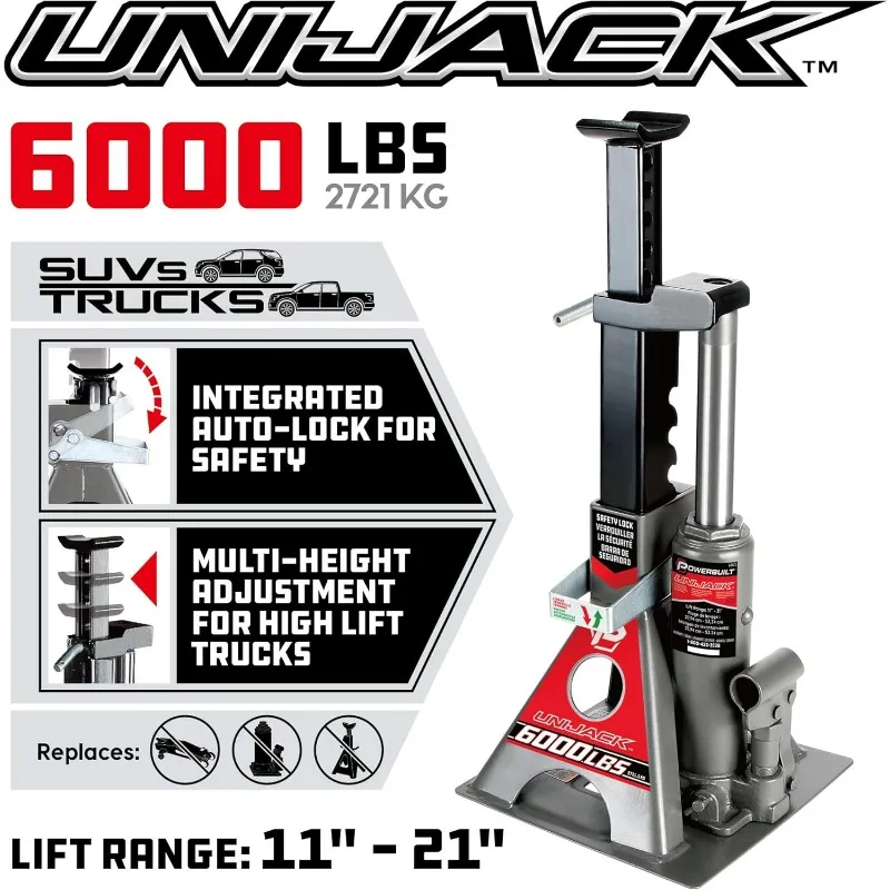 

3Ton, Bottle Jack and Jack Stands in One, 6000 Pound Capacity, All-in-One Car Lift, Heavy Duty Vehicle Unijack