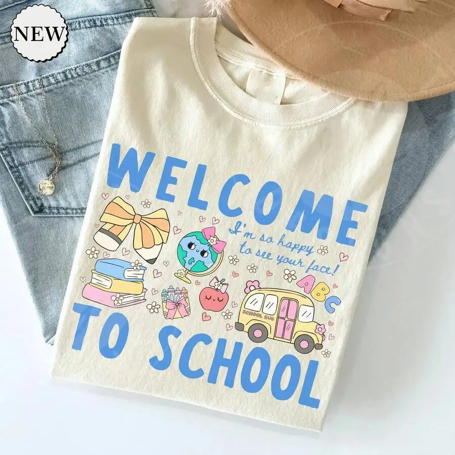 Women's Retro Welcome To School Pastel Cute Bus Globe Apple Elementary Teacher Preppy Back To School Student Graphic Print T‑Shirt Crew Neck Short Sleeve Casual Tee Top