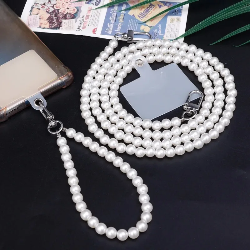 Multifunctional Pearl Phone Lanyard Crossbody Chain Strap Replacement Cellphone Wrist Straps Necklace Charm Chain with Patches