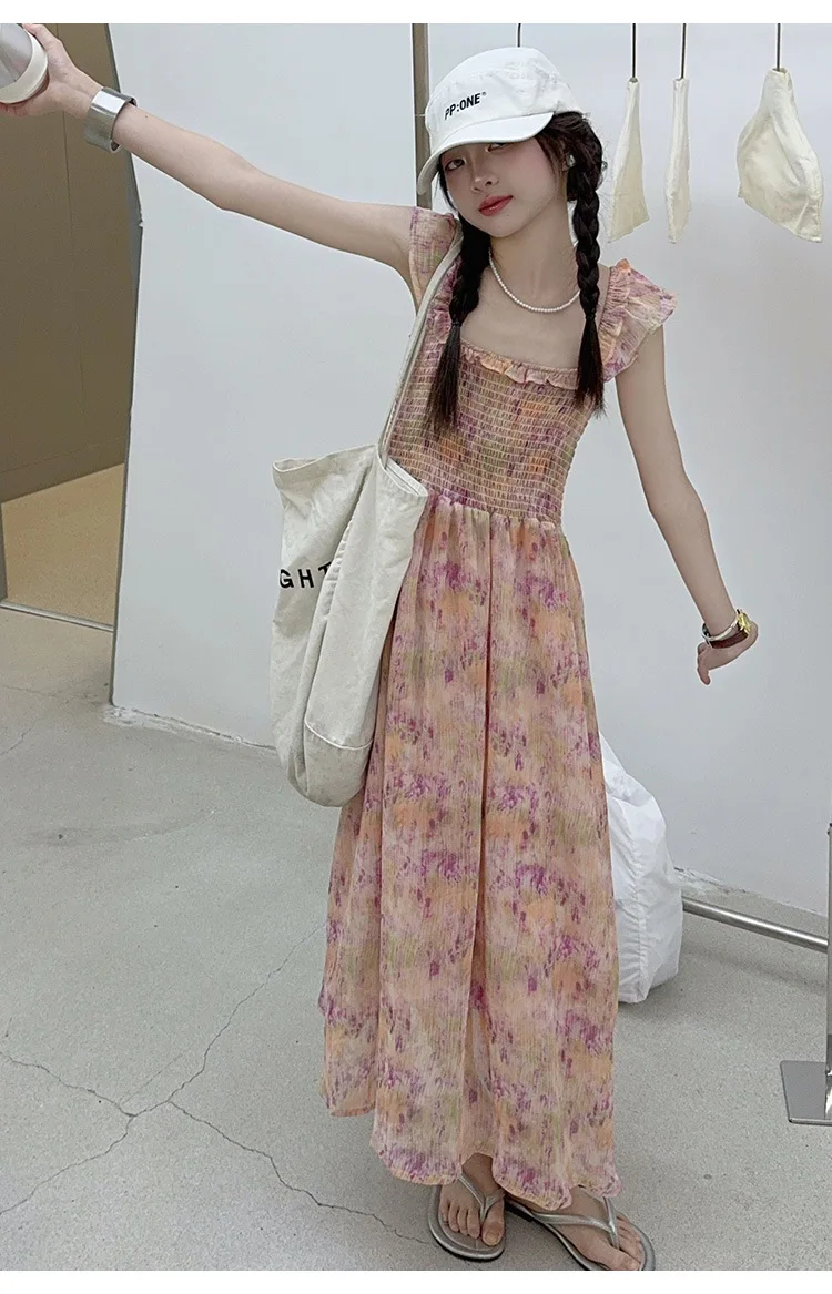 Meninas vestido de verão 2024 nova menina grandes crianças floral deslizamento vestido crianças verão chiffon princesa saia coreano estilo doce