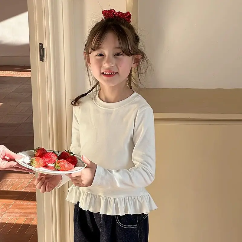 2026 Korean Girls Lace Hem Long Sleeve Top Casual Kids T Shirt Versatile Children Outerwear Base Layer Tee