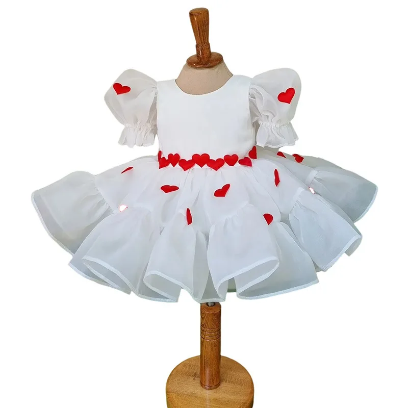 Sweet Heart Print Princess Dress for 1st Birthday Baby Girls Bubble Sleeve Tutu for Photo Shoot Party Toddler Formal Gown Kids
