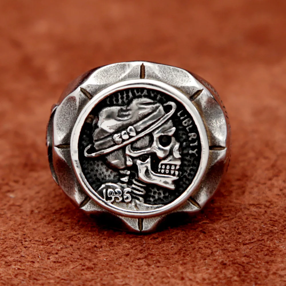 Vintage Mexican Unique Skull Ring Hobo Nicke Coin Stainless Steel Punk Skull Rings for Men Fashion Indian Jewelry Accessories