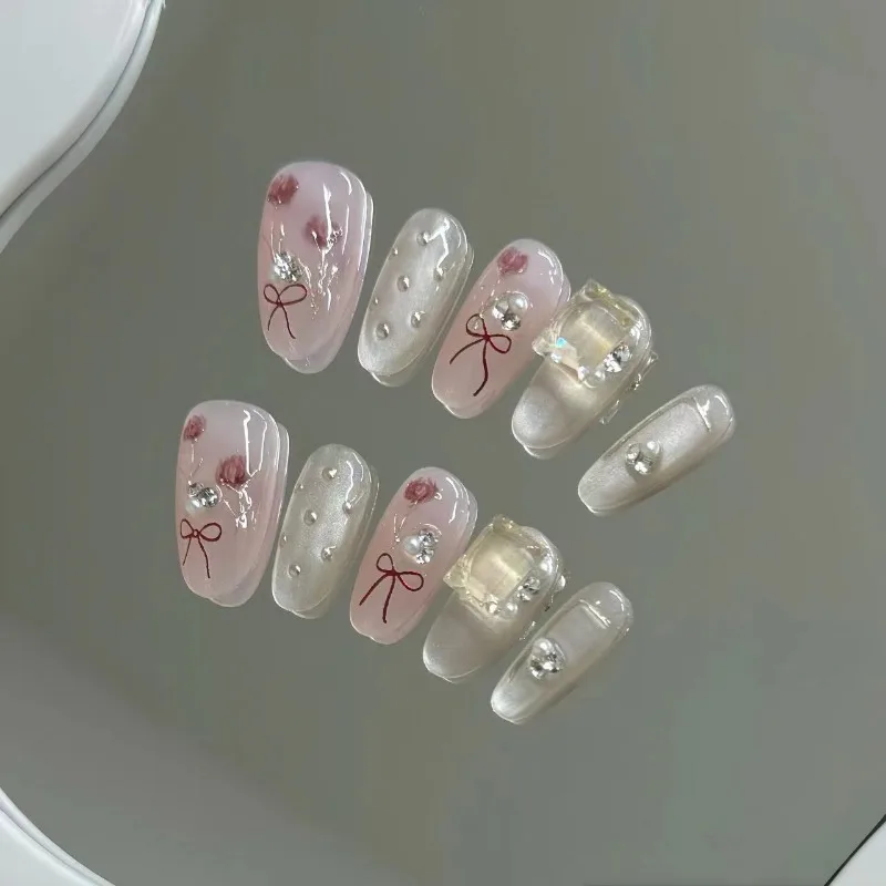 10 piezas de flores suaves perla rosa tierna prensa hecha a mano en uñas arco lindo brillo diamantes uñas postizas removibles reutilizables