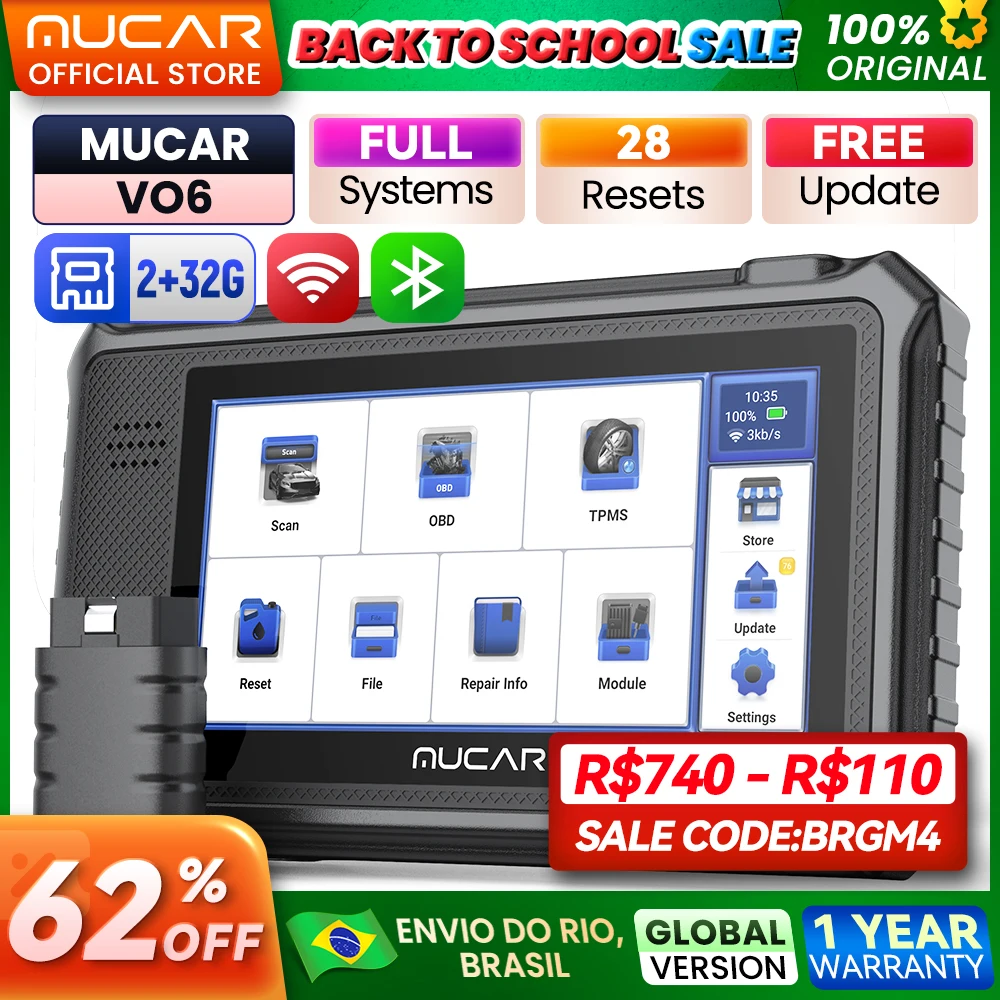 Mucar vo6 ferramentas de diagnóstico do carro vitalício livre versão global sistema completo 28 redefinições obd2 controle bidirecional ferramenta de verificação scanner