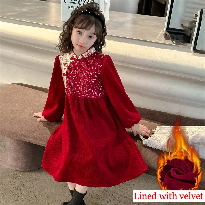 

Girls' Winter Red Princess Dress Chinese New Year 2025 Dresses Child Chinese Style Traditional Clothes For Girl 2-15 Years Old