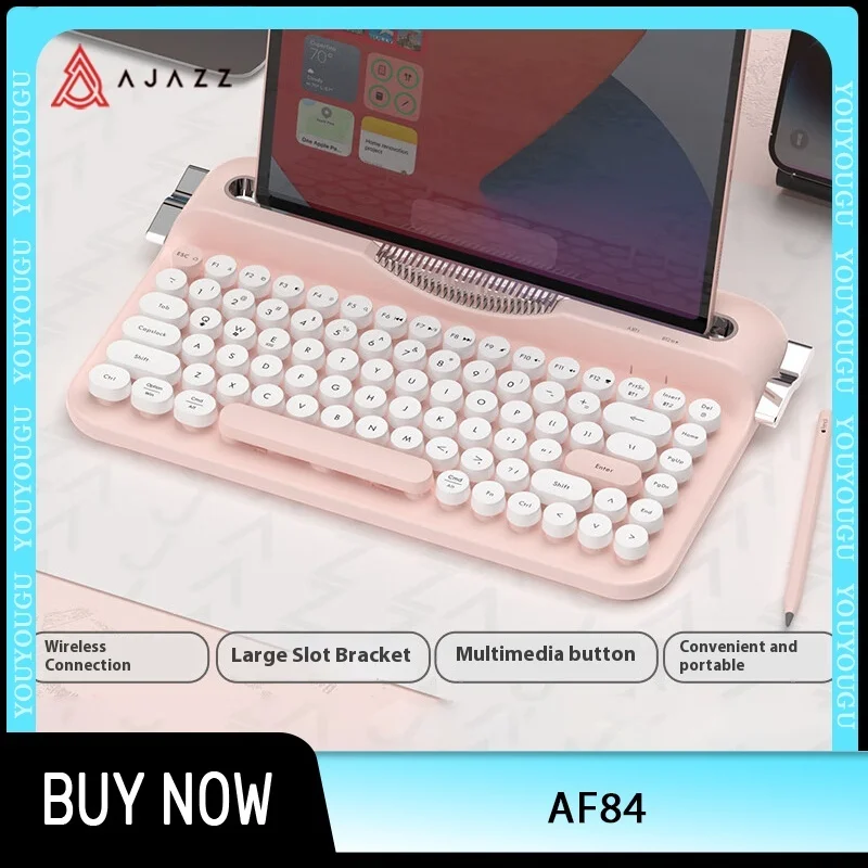

AJAZZ AF84 Беспроводная офисная клавиатура для пишущей машинки 82-клавишная круглая клавиатура Ретро Bluetooth-клавиатура 75% со встроенной подставкой для iPad