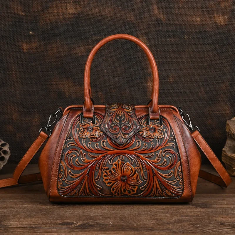 Vintage Women Handbag Floral Bag Ladies Shopping Leather Handbags 2024 Winter Handmade Chinese Style Female Tote Shoulder Bags