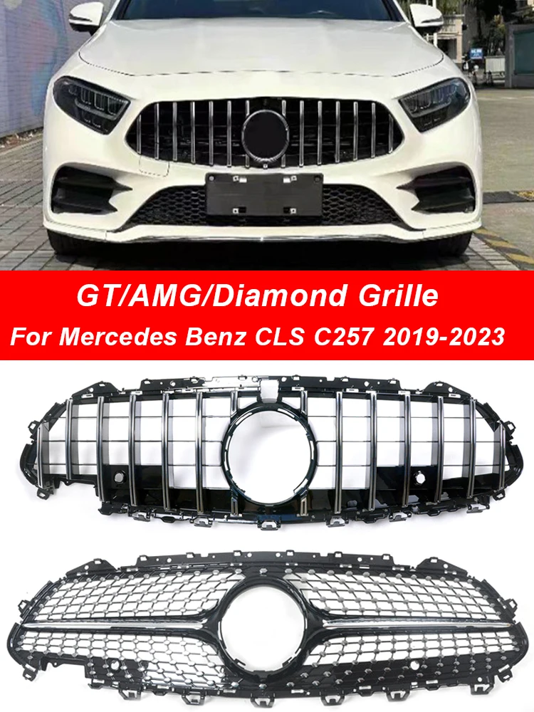 Glossy Black GTR Style Front Bumper Grille Facelift For Mercedes Benz CLS C257 CLS450 CLS53 AMG 2019-2023 Diamonds Upper Grilles