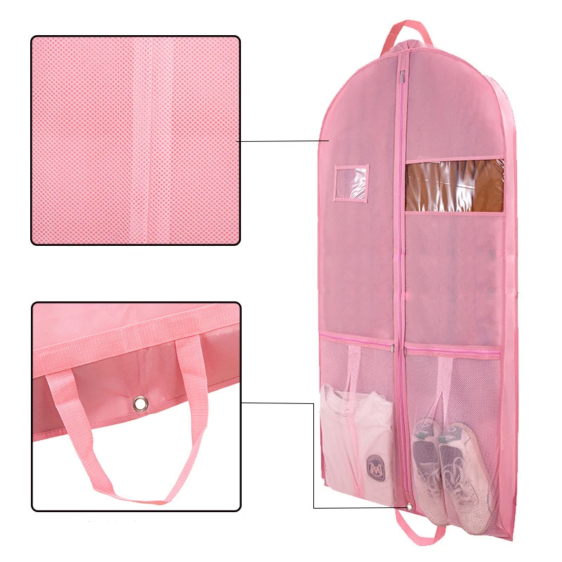 Pink Non-woven Dust Bag Hanging Garment Bag for Travel and Storage Zippered Clothes Bags with Mesh Pockets for Suit Shirt Dress