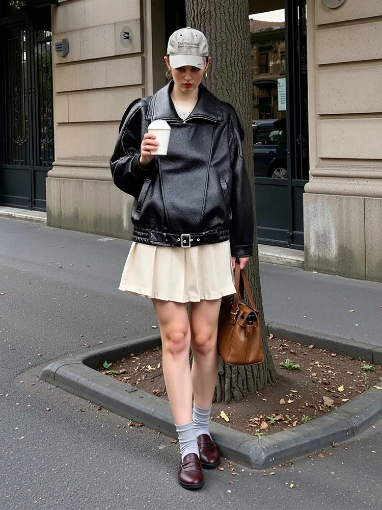 HH المرأة خمر الصلبة فو سترة جلدية التلبيب سحاب أكمام طويلة الستر الإناث الخريف الشتاء سميكة الدافئة سيدة ملابس خارجية