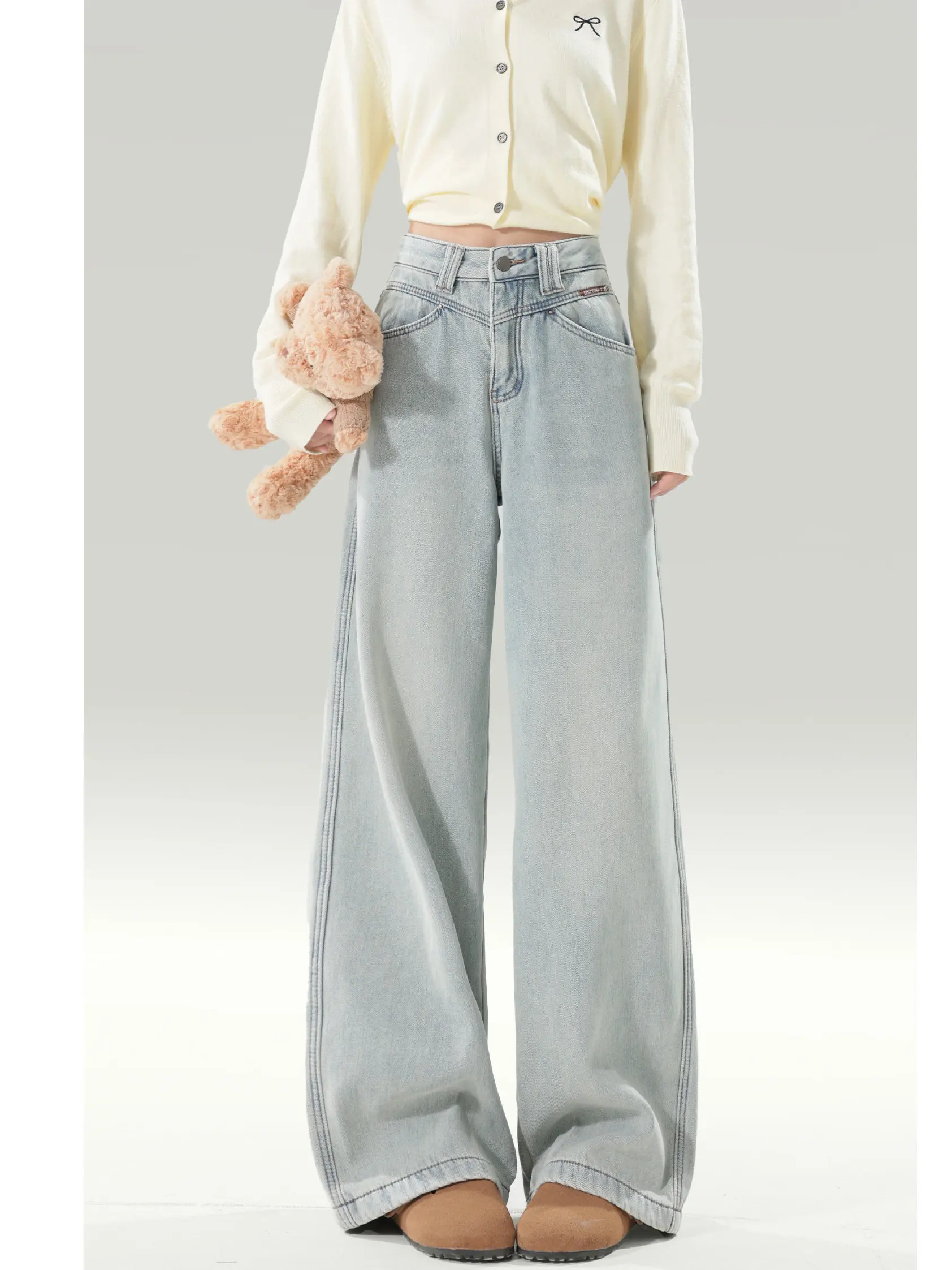 Light Wash Wide Leg Denim Jeans Women's Spring Autumn New Style plus Size Conceal Hip Loose Slimming High Waist Drapey Straig...