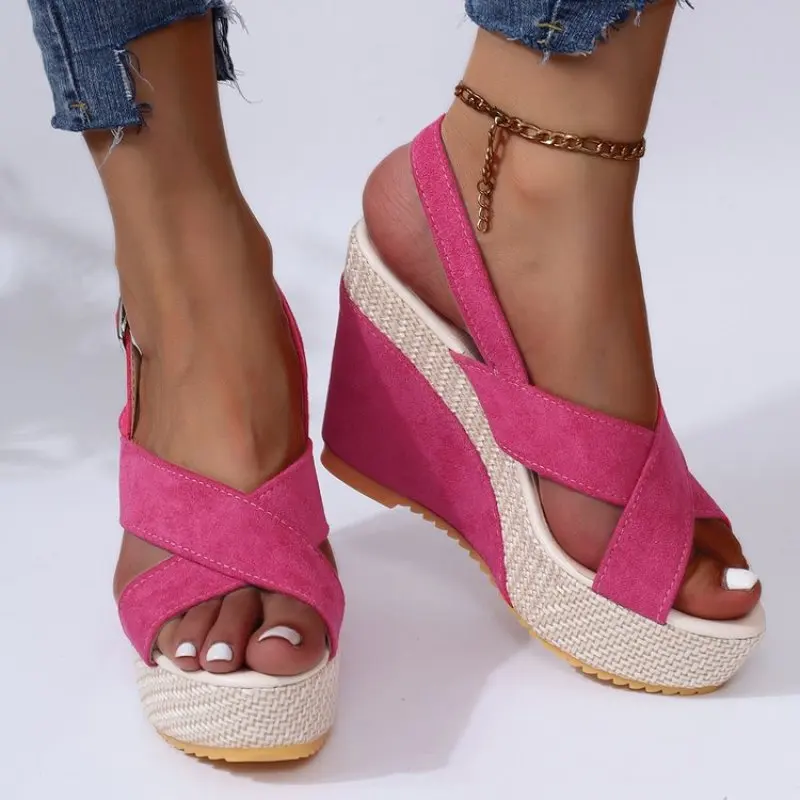 

Summer Women Retro Gladiator Sandals Soft Denim Peep Toe Cross Strap Female Outer Wear Platform Non-slip Beach Sandal Plus Size