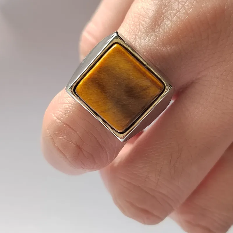 Classic Large Square Onyx Tiger Eye Rings Simple Geometric Men Stainless Steel Anniversary Jewelry Gift for Husband Boyfriend