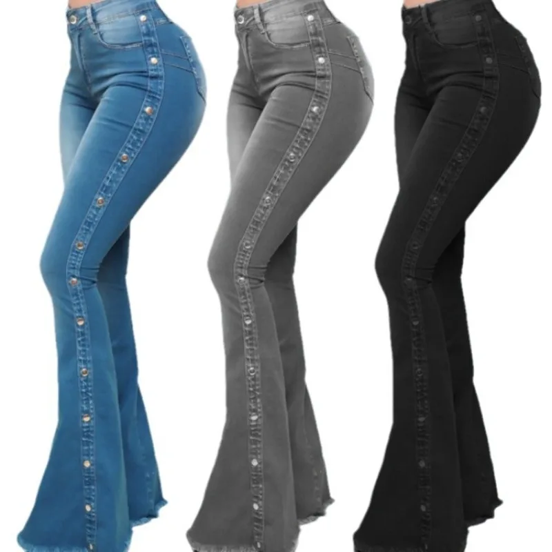 Jean taille haute en Denim extensible pour femme, pantalon évasé, Vintage, boutons, Streetwear, longueur au sol, automne 2024