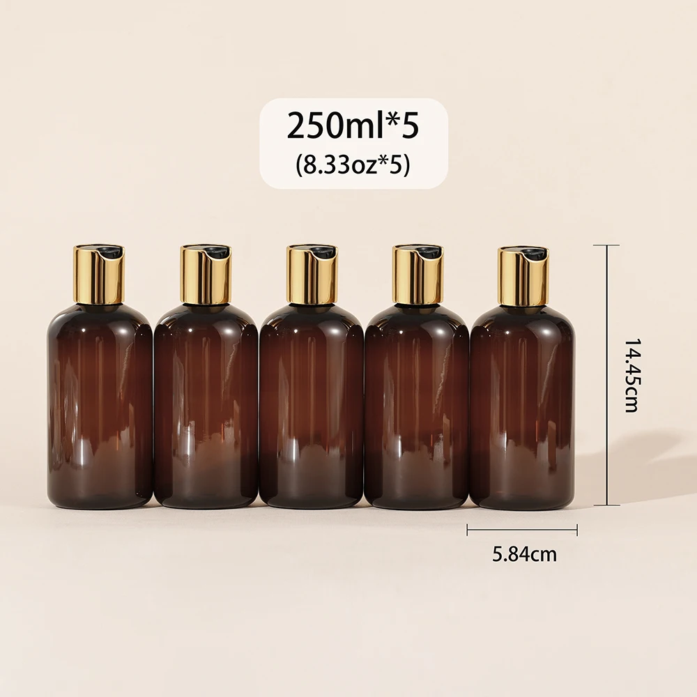 5 Pcs Plastic Travel Bottles with Gold Disc Top Flip Cap Empty for Shampoo Lotions Cream Toiletries Body Soap ( Brown , 250ml )