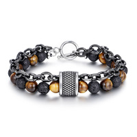 ZG Bracelet For Men Hot Sale Punk Style Frosted Tiger Eye Stone Personality Map Natural Stone Beaded Chain Bangle Male Jewelry