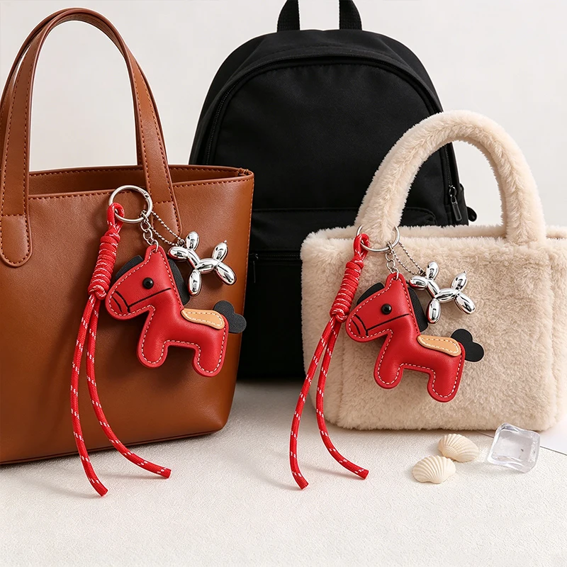 PU Leather Pony Chips Keychain Braided Rope Backpack Balloon Dog Pendant For Mobile Phone Bag Hanging Accessories DIY Decoration