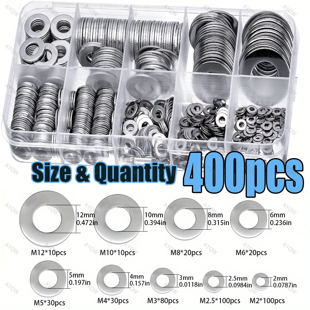 400/1620pcs Stainless Steel Flat Washers Combination Kit (M2-M12) | for Home DIY, Industrial Repairs, K