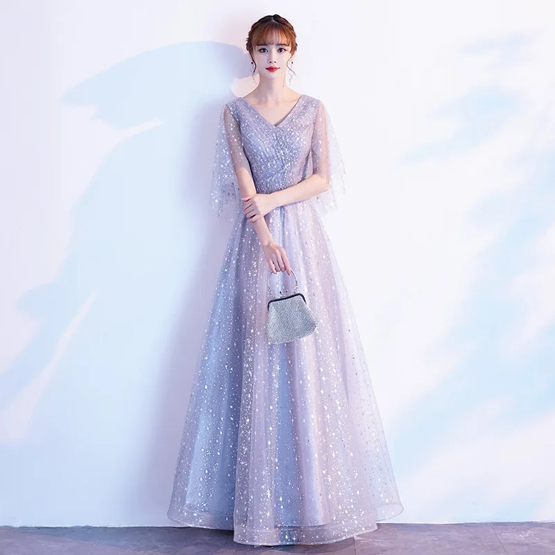 

Silver Star Sequin A-Line Bridesmaid Dress V-Neck Short Sleeve Tulle Gown