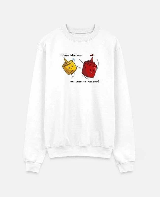 

Autumn and Winter Pure Cotton Crew Neck Sweatshirt with Whimsical Ketchup - Mustard Themed Print Perfect for Fans of Fun
