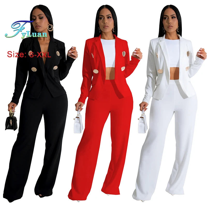 Nuovo stile elegante set di abbigliamento da donna giacca doppiopetto con bottoni tinta unita pantaloni larghi a gamba larga pantaloni lunghi alla moda due pezzi