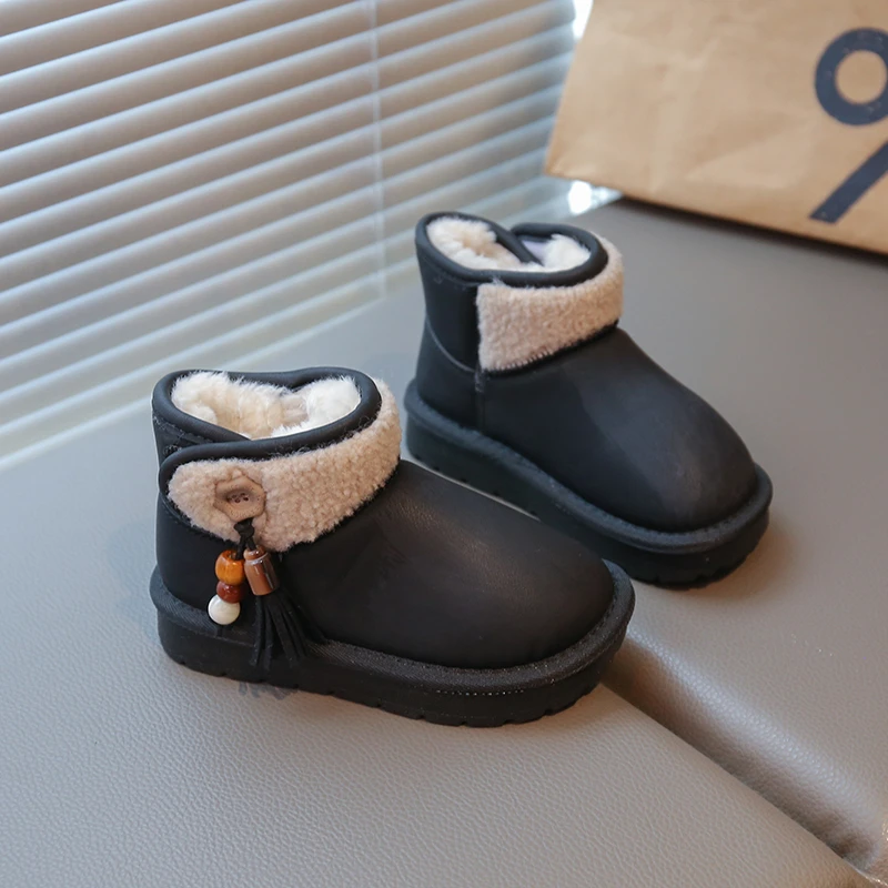 Kids Faux Fur Cuff Tassel Decor Fleece Lined Snow Boots, Toddler Warm Winter Ankle Boots, Non-Slip Thick Sole Girls