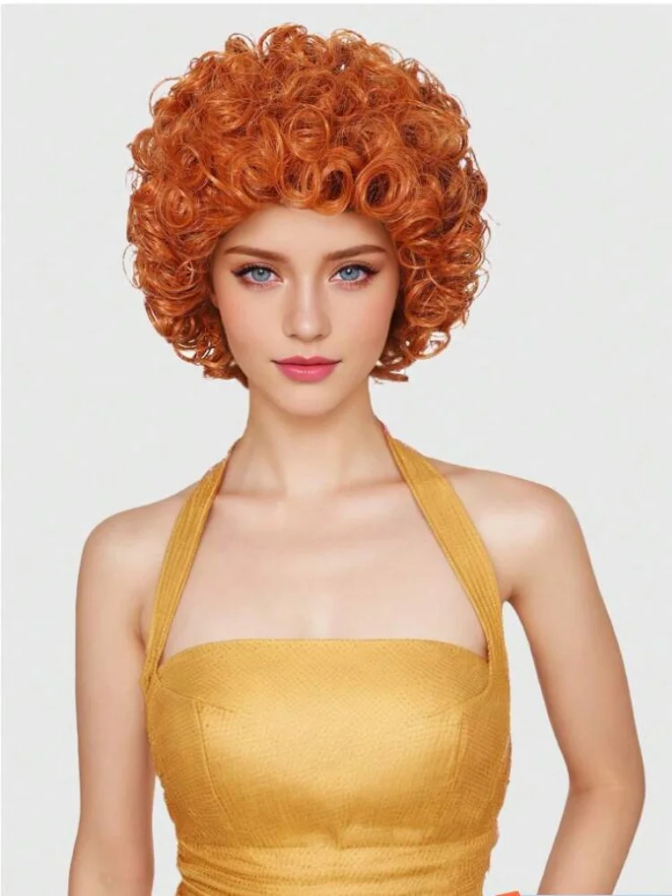Women's short curly hair wig with bangs, synthetic wig, no glue daily wear, heat-resistant, brown hair, suitable for beginners