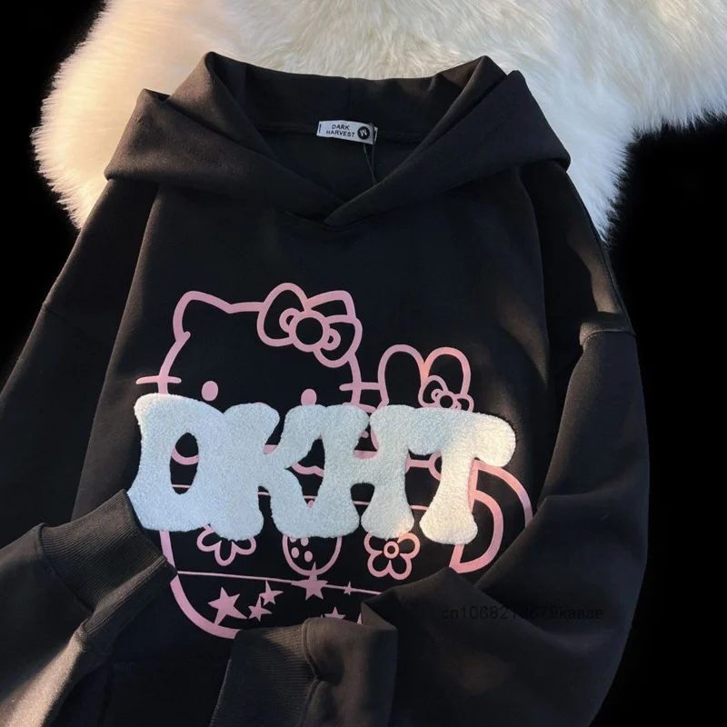 Sanrio Hello Kitty Cute Milk Yellow Hooded Sweatshirt Women Autumn Trend Long Sleeved Pullovers Japanese Style Loose Casual Coat