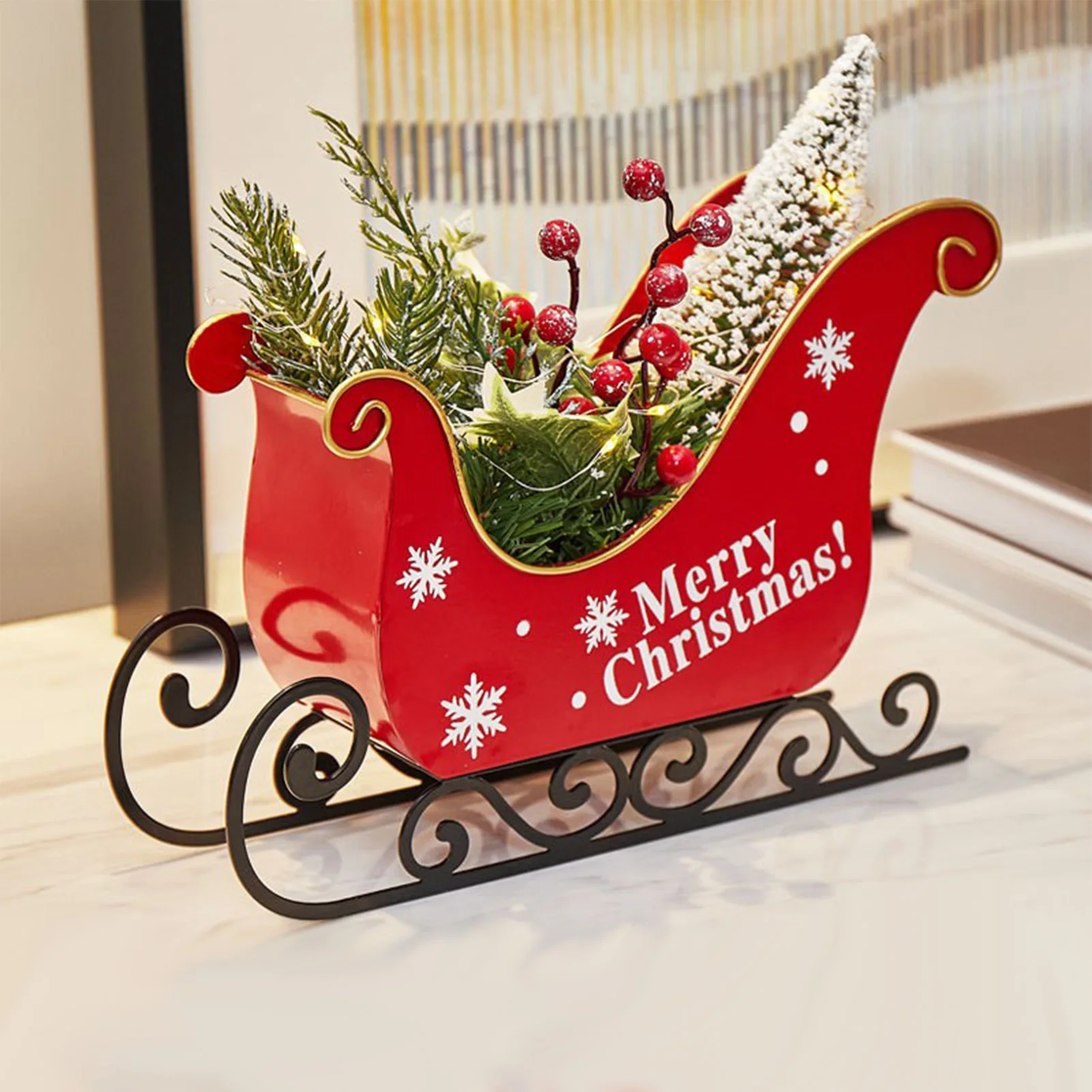 

2024 Christmas Decorations, Metal Sleigh with Christmas Tree LED Lights, Home Xmas Desktop Ornament 2025 New Year Gift for Kids