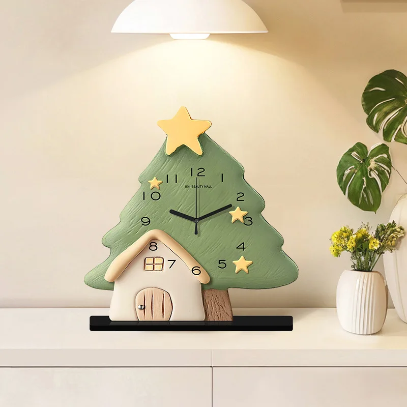 

Cartoon Christmas Tree House Home Decoration Desktop Clock, Premium Living Room Table Clock, Decor Ornament