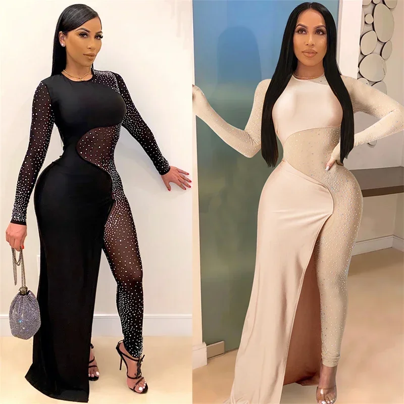 Sexy Rhinestone Jumpsuits Luxury for Women Long Sleeve Sheer Mesh Patchwork Skinny Night Party Club Romper Overalls Birthday