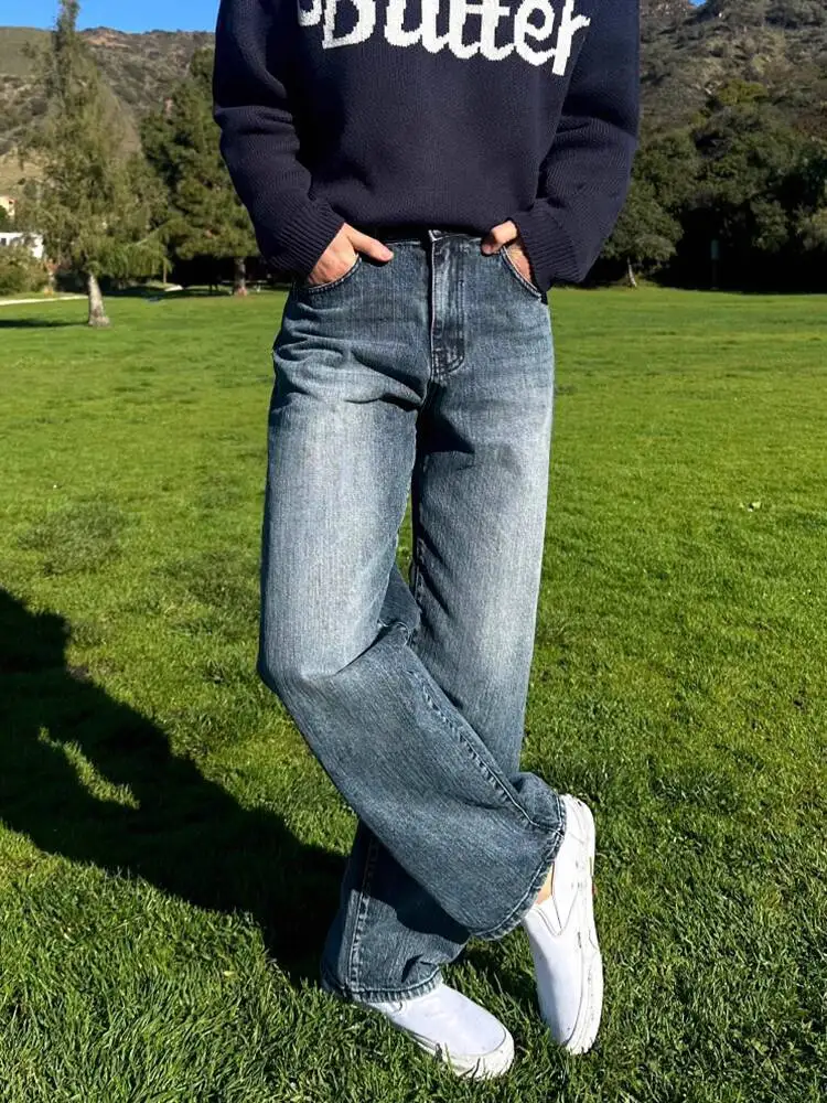 SYUHGFA 2025 الشتاء الكورية نمط الرجال سراويل جينز غسلها التباين اللون أسفل مستقيم واسعة الساق فضفاض الذكور الجينز كلينفيت #5