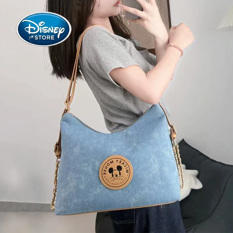 Disney Mickey Shoulder Crossbody Bag For Women Underarm Bag Vintage Denim Commuting Storage Tote Bags