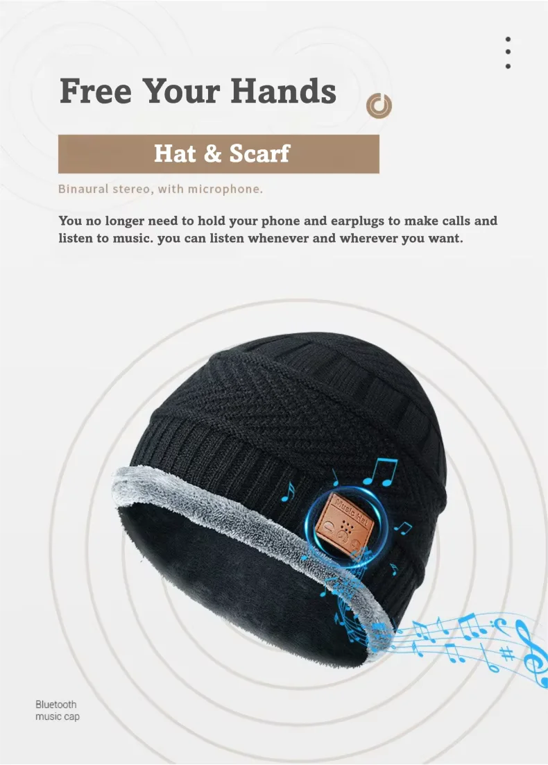 Warm Beanie Bluetooth 5.0 Hat Wireless Stereo Headset Music Player with MIC Handsfree Call Rechargeable for Outdoor Gifts