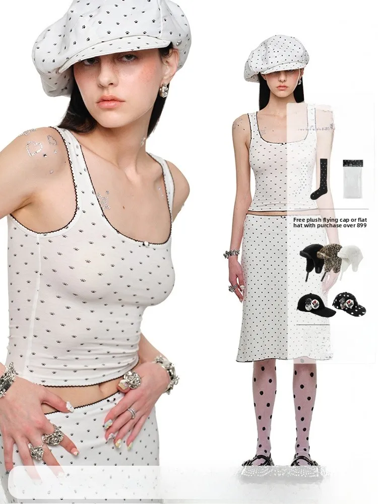 

JINN STUDIO вязаный комплект в горошек с когтями, женский круглый жилет с рюшами Ne, облегающий жилет, юбка с запахом вокруг юбки