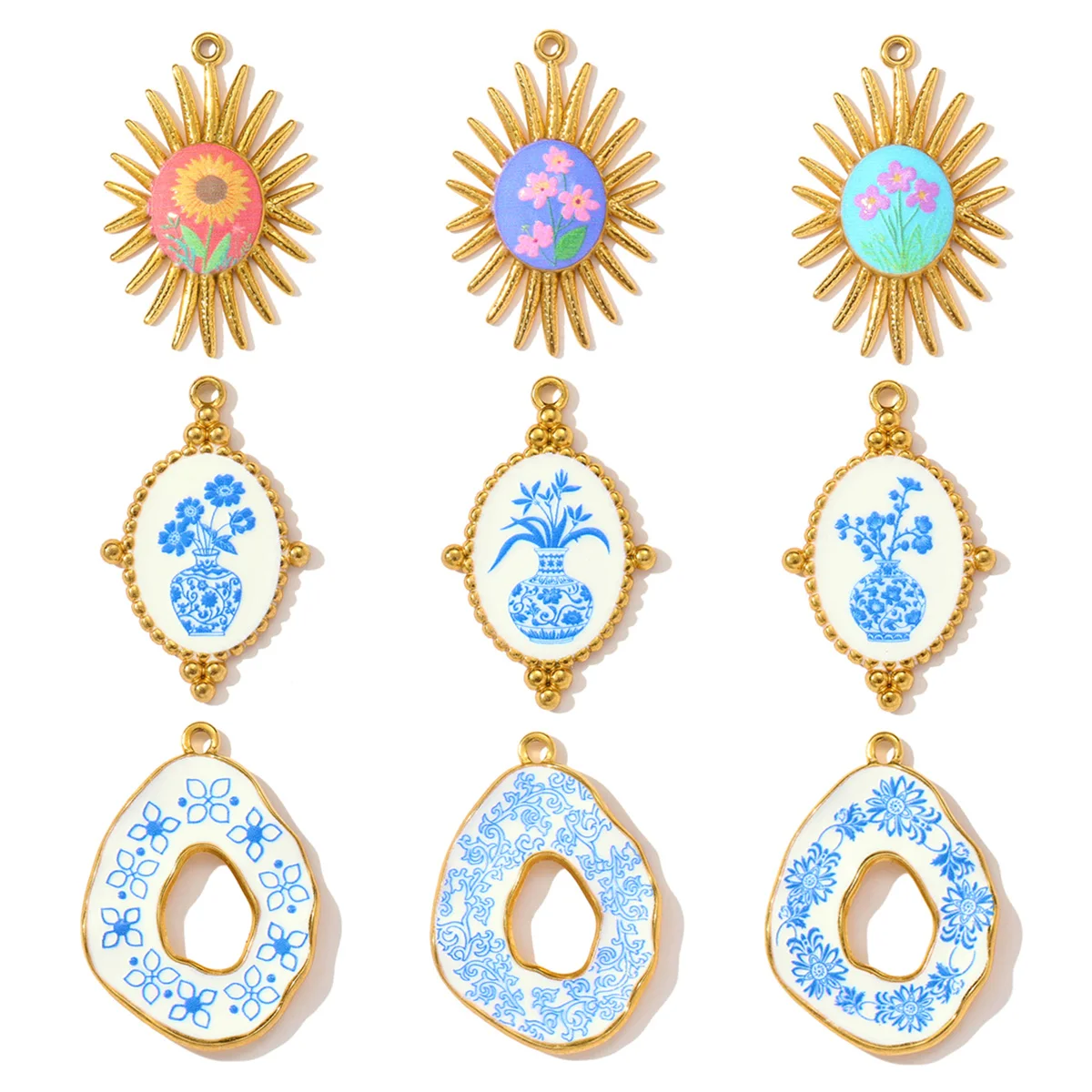 Collier rétro en acier inoxydable, émail UV, porcelaine bleue et blanche, pendentif fleur de soleil, bricolage, boucle d'oreille, bijoux pour femmes, 3 pièces/lot