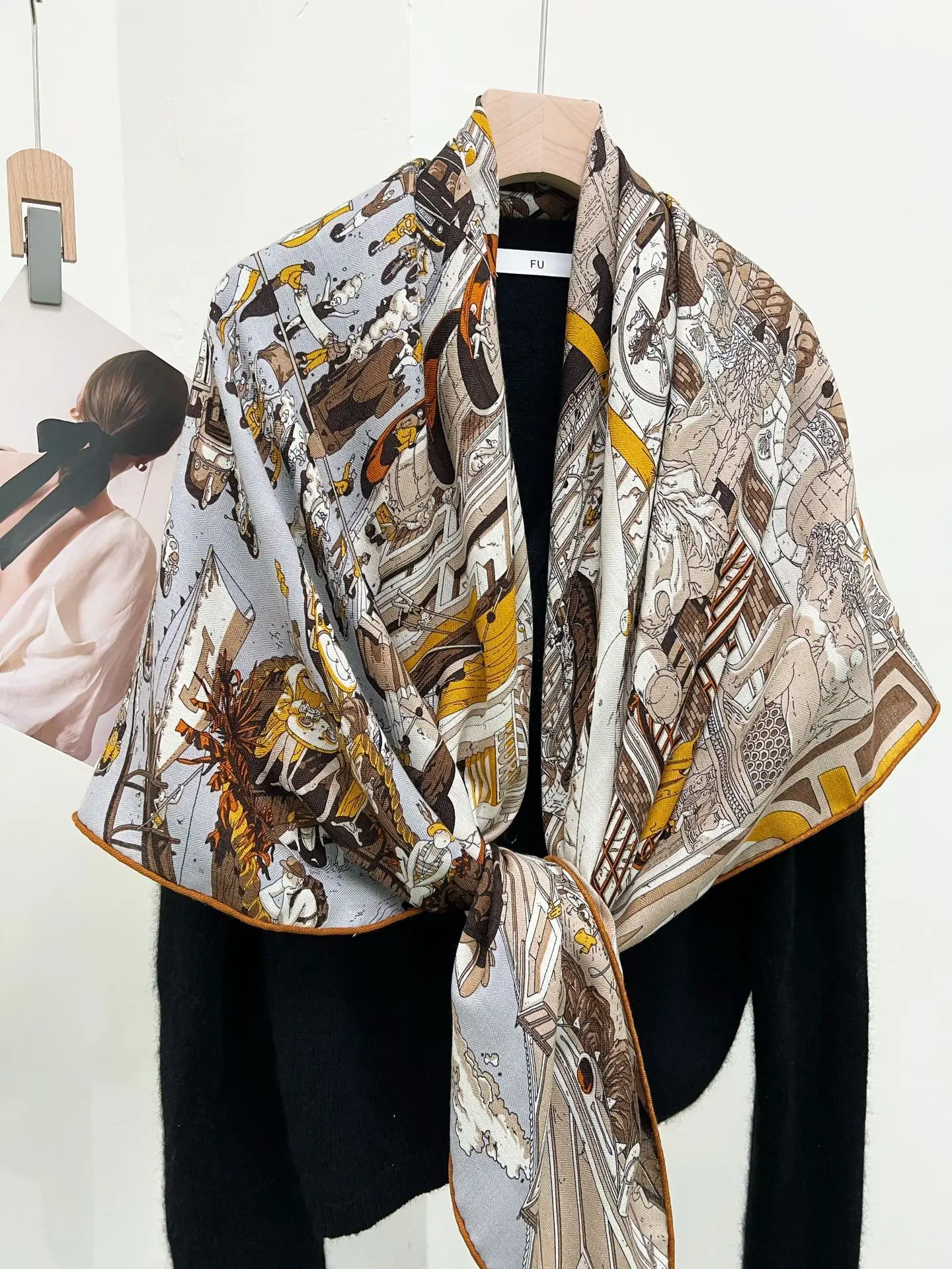 Autumn and winter light luxury silk wool large square scarf warm silk wool scarf women's office decorative shawl